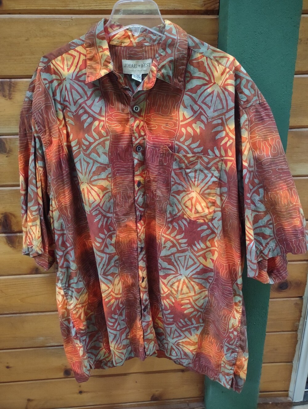 Johari West Batik Tribal Hawaiian Shirt Mens 2XLT Orange Yellow Aqua Excellent